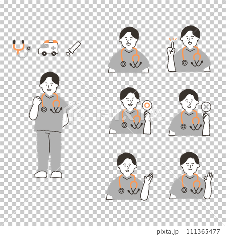 Facial expression variations of a doctor (male) wearing a scrub 111365477