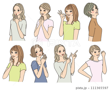 色々な表情のオシャレな女性上半身 色々な表情のオシャレな女性上半身 111365597