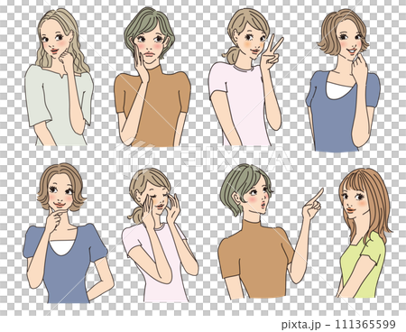 Stylish female upper body with various expressions Stylish female upper body with various expressions 111365599