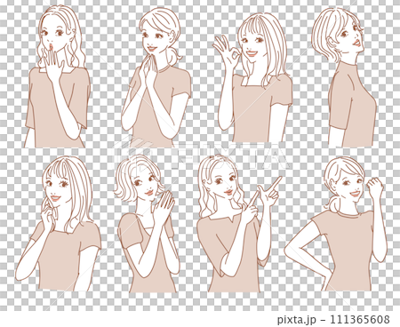 色々な表情のオシャレな女性上半身 色々な表情のオシャレな女性上半身 111365608