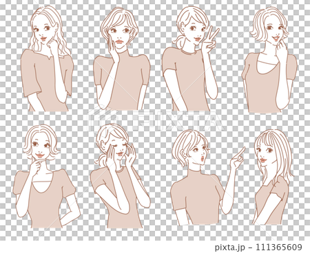 時尚女性上半身有各種表情 111365609