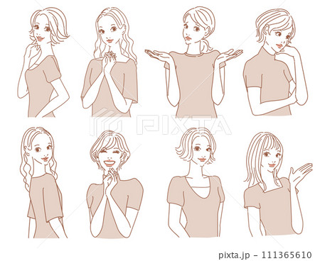 色々な表情のオシャレな女性上半身 色々な表情のオシャレな女性上半身 111365610