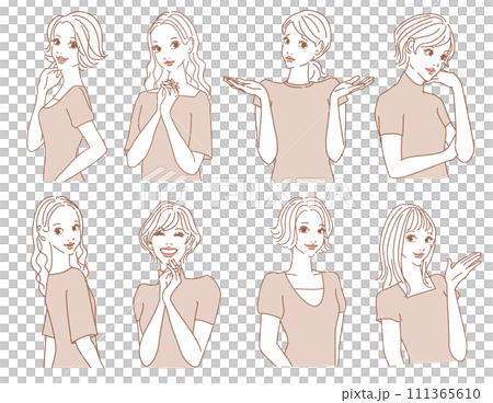 時尚女性上半身有各種表情 111365610