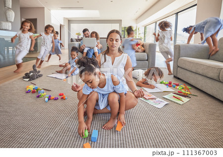 Meditation, calm and excited family children with high energy, have fun and running in living room. Multitasking relax dad, crazy kids playing and yoga mom meditate for peace, zen or mindset wellness 111367003