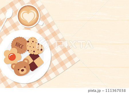 木のテーブルに置かれた色々なクッキー、カフェラテ、テーブルクロスの背景イラスト 木のテーブルに置かれた色々なクッキー、カフェラテ、テーブルクロスの背景イラスト 111367038