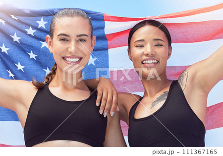 American flag, women and athlete portrait smile, freedom and justice patriotic symbol for female athletes. Teamwork, collaboration and sports girls with flag for global competition contest. American flag, women and athlete portrait smile, freedom and justice patriotic symbol for female athletes. Teamwork, collaboration and sports girls with flag for global competition contest. 111367165
