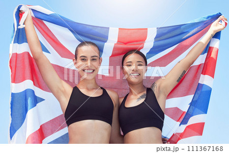Sports, winner and english flag portrait with women athlete champion team success together. Pride, happiness and excited united kingdom olympic competition people celebration with smile. 111367168