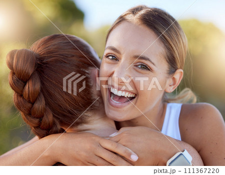 Fitness, athlete and girl friends hug to celebrate love, care and together happy for friendship, trust and smile outdoors. Excited young runner women celebrate training and running workout reunion Fitness, athlete and girl friends hug to celebrate love, care and together happy for friendship, trust and smile outdoors. Excited young runner women celebrate training and running workout reunion 111367220