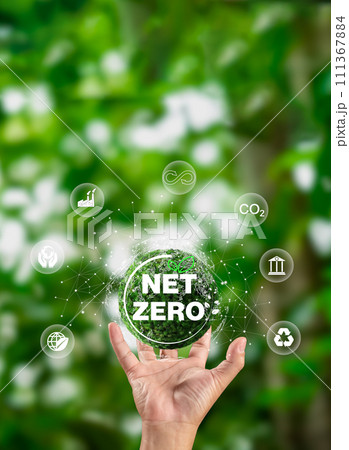 Hand of human holding earth with Net Zero icon, carbon neutral and net zero concept for net zero greenhouse gas emissions target, Climate neutral long term strategy, natural background. 111367884