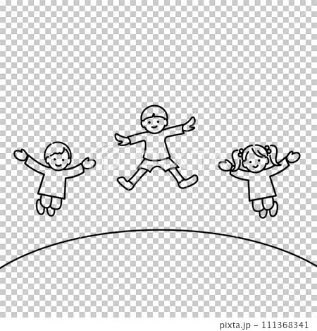 ジャンプする子供たちのイラスト　モノクロ線画 111368341