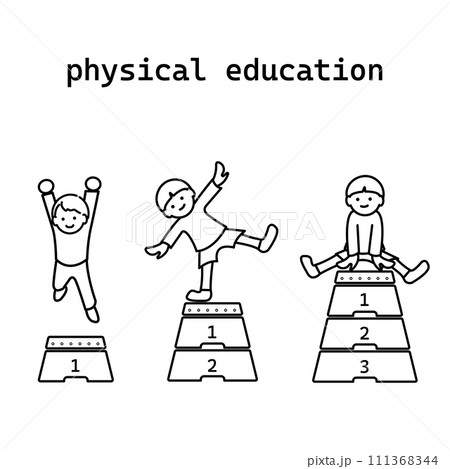 跳び箱を跳ぶ元気な子どものイラスト　モノクロ線画 111368344