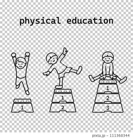 跳び箱を跳ぶ元気な子どものイラスト　モノクロ線画 111368344