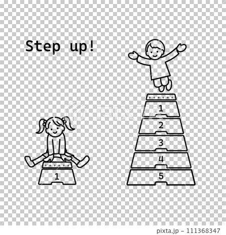 一個快樂的孩子跳上跳馬箱單色線畫的插圖 111368347