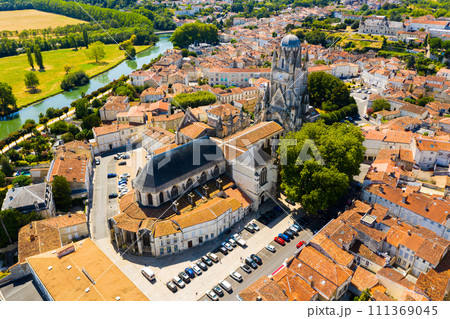Summer view of historic areas of Saintes with cathedral, France 111369045