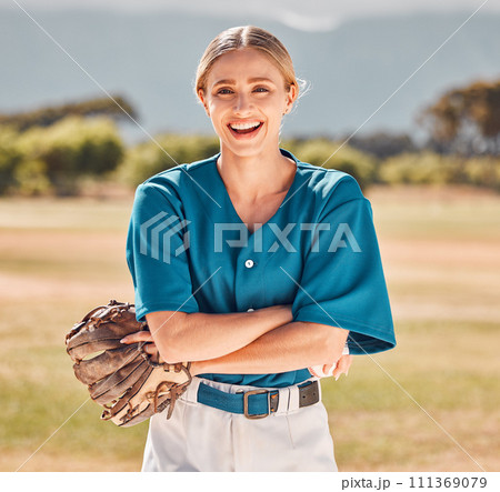 Woman, baseball and sports athlete on field in stadium for training, exercise and workout. Portrait, smile or happy professional player with glove, ball and motivation for health goal or game fitness Woman, baseball and sports athlete on field in stadium for training, exercise and workout. Portrait, smile or happy professional player with glove, ball and motivation for health goal or game fitness 111369079