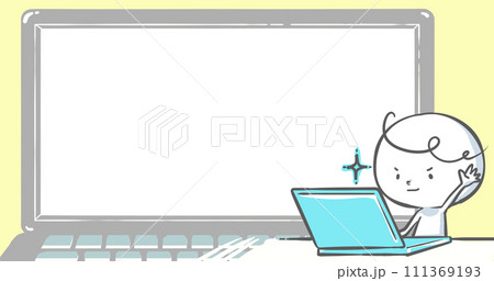 【ブログで使えるアイキャッチ】ノートPCの画面に向かって挙手する白い人02 【ブログで使えるアイキャッチ】ノートPCの画面に向かって挙手する白い人02 111369193