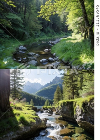 上高地の山間部の朝の景色。 111369545