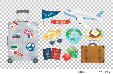 Travel icon set watercolor such as suitcase and airplane Travel icon set watercolor such as suitcase and airplane 111369563