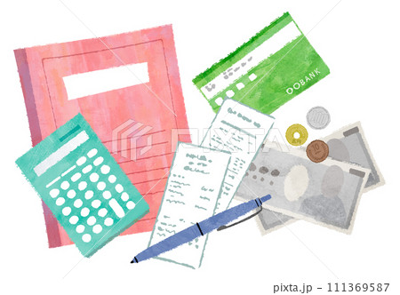 家計簿と電卓とレシートとペン 通帳 帳簿 確定申告 家計簿と電卓とレシートとペン 通帳 帳簿 確定申告 111369587