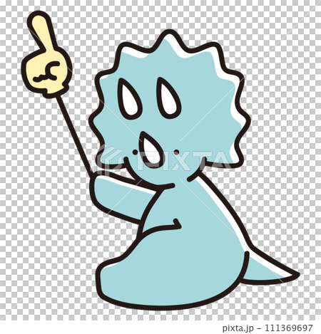 Illustration of a baby triceratops sitting and pointing to the upper left with a pointing stick 111369697