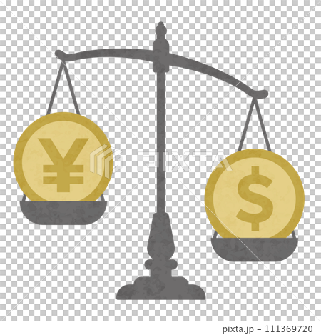 An illustration of a scale illustrating the dollar-yen exchange rate and what exchange is. An illustration of a scale illustrating the dollar-yen exchange rate and what exchange is. 111369720