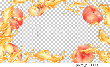 Frame of watercolor yellow splash juice and fig peach illustration isolated on white. Fruits liquid hand drawn. Design element for packaging, menu, label, drink, ice-cream, tableware 111370009