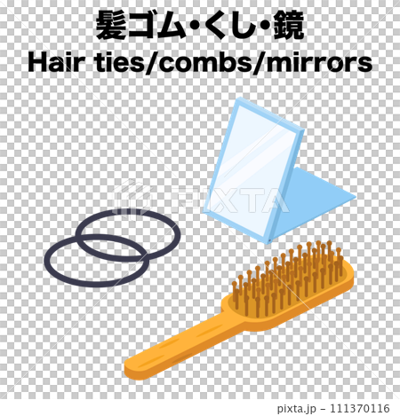 Isometric illustration of a hair tie, comb, and mirror 111370116