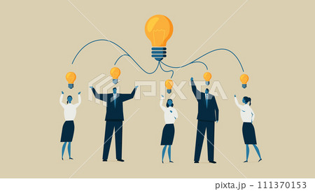 それそれの男性と女性が持ち寄った電球が大きな輝く電球になっています。 111370153
