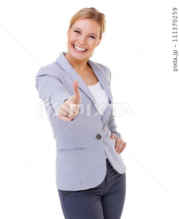Portrait, thank you and thumbs up with business woman in studio isolated on white background for support. Smile, motivation or success and happy young employee with emoji hand gesture for yes or like Portrait, thank you and thumbs up with business woman in studio isolated on white background for support. Smile, motivation or success and happy young employee with emoji hand gesture for yes or like 111370259