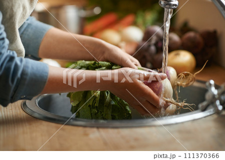 Hands, sink and water to clean vegetables in kitchen, health and hygiene with chef cooking food and closeup. Turnip, nutrition and organic for meal, vegan or vegetarian with person washing produce 111370366