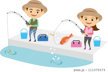 釣りをする男性と女性のイメージイラスト 釣りをする男性と女性のイメージイラスト 111370373