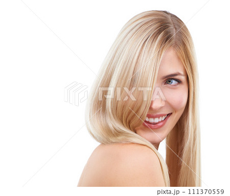 Straight hair, beauty and smile of woman in makeup isolated on a white studio background. Face, hairstyle and blonde model in cosmetics, thinking or salon treatment at hairdresser for care on mockup Straight hair, beauty and smile of woman in makeup isolated on a white studio background. Face, hairstyle and blonde model in cosmetics, thinking or salon treatment at hairdresser for care on mockup 111370559