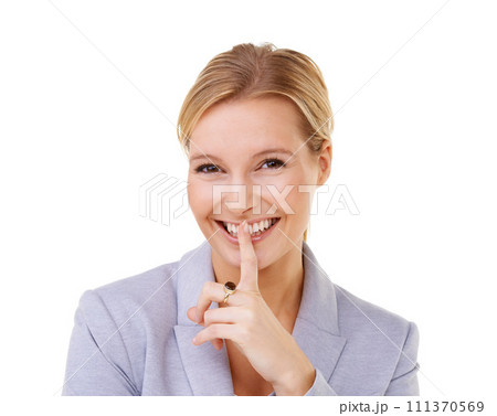 Secret, portrait and woman with finger on lips in studio for hush news, mute or quiet gesture on white background. Gossip, face and female model with hand emoji for privacy, confidential or whisper Secret, portrait and woman with finger on lips in studio for hush news, mute or quiet gesture on white background. Gossip, face and female model with hand emoji for privacy, confidential or whisper 111370569