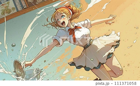 覆水盆に返らず：ウエイトレスが滑って、料理の入った盆をひっくり返していることで表現