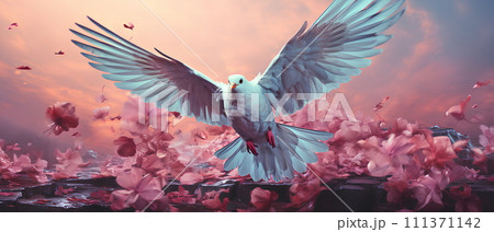 Illustration drawing of a white bird flying in the sky. The overall picture has a beautiful pink tone. It represents freedom that everyone desire, hopes, dreams and the spirit that yearns for freedom. 111371142
