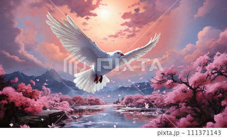 Illustration drawing of a white bird flying in the sky. The overall picture has a beautiful pink tone. It represents freedom that everyone desire, hopes, dreams and the spirit that yearns for freedom. Illustration drawing of a white bird flying in the sky. The overall picture has a beautiful pink tone. It represents freedom that everyone desire, hopes, dreams and the spirit that yearns for freedom. 111371143