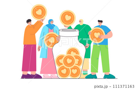 Volunteer donate together friends donating put coin heart into jar teen fundraising collect money 111371163