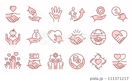 Charity icons, such as handshake, heart, donation, partnership, volunteer and more. . Editable stroke. 111371217