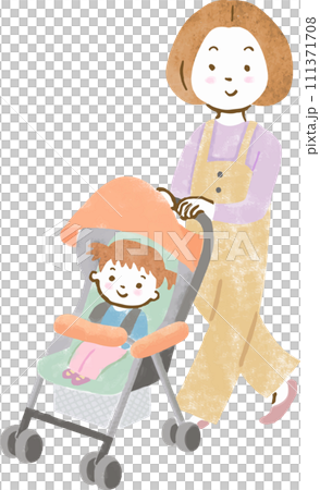 手繪插畫：母親推著嬰兒車行走 111371708