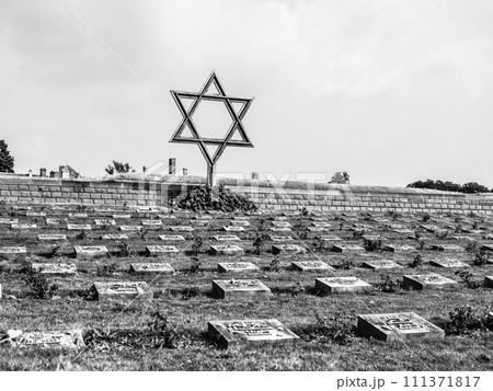 Cemetery near Small Fortress in Terezin, Czech Republic, black and white image Cemetery near Small Fortress in Terezin, Czech Republic, black and white image 111371817