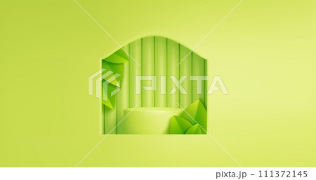 Product podium with leaves behind window in wall. Product podium with leaves behind window in wall. 111372145