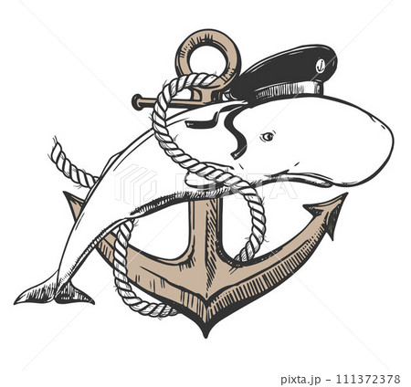 White sperm whale in a sailor's cap. Creative illustration of a whale tied with a rope at an anchor. Old school tattoo sketch, surreal idea for t-shirt prints. 111372378