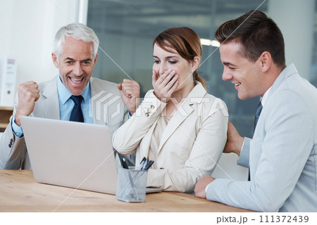 Success, shock or business people with laptop for stock market goals, achievement or profit target online. Deal, team meeting or excited traders winning a bonus prize on website for investment growth Success, shock or business people with laptop for stock market goals, achievement or profit target online. Deal, team meeting or excited traders winning a bonus prize on website for investment growth 111372439