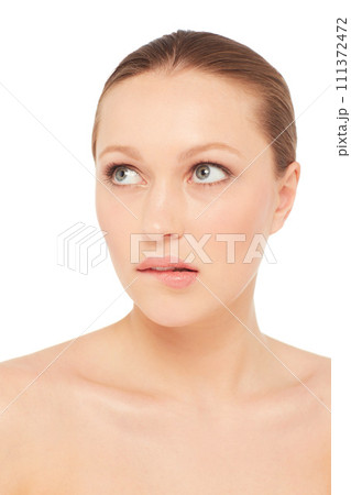 Beauty, skincare and woman in studio thinking with serious face, natural cosmetics and makeup. Dermatology, skin wellness and girl with self care, spa facial and health isolated on white background. Beauty, skincare and woman in studio thinking with serious face, natural cosmetics and makeup. Dermatology, skin wellness and girl with self care, spa facial and health isolated on white background. 111372472