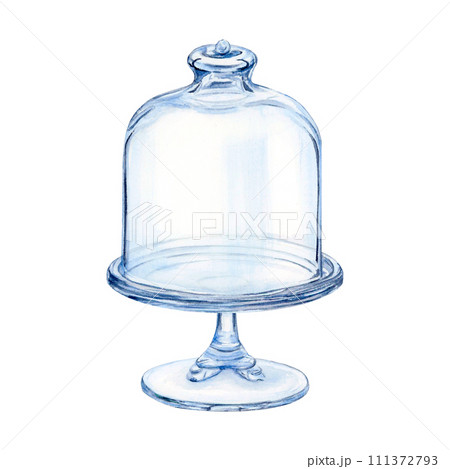 Cloche glass cake stand watercolor drawing dome. Glassware dish tray leg lid. Dessert treat fruit. Bakery transparent cover. Pastry aquarelle isolated white background. Transparent clear tableware 111372793