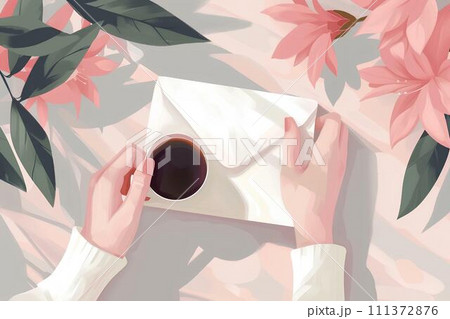 Female hands holding envelope with letter and cup of coffee, top view 111372876