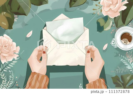 Female hands holding envelope with letter and cup of coffee, top view Female hands holding envelope with letter and cup of coffee, top view 111372878