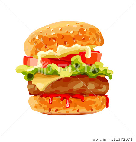 American cheeseburger with fresh herbs. Realistic style. Buns with cutlet, tomato and cheese. Vector illustration. American cheeseburger with fresh herbs. Realistic style. Buns with cutlet, tomato and cheese. Vector illustration. 111372971