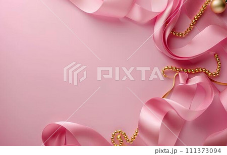 greeting card with heart and ribbon on  pink background for love Valentine Day 111373094