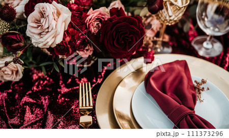 Wedding and event celebration tablescape with flowers, formal dinner table setting with roses and wine, elegant floral table decor for dinner party and holiday decoration, home styling 111373296